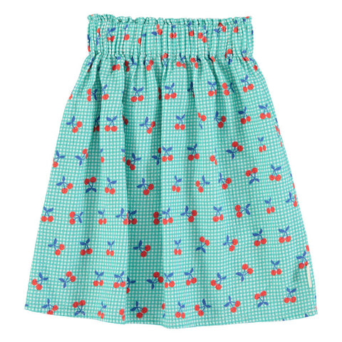 Piupiuchick Turquoise & White Checkered Long Skirt With Cherries