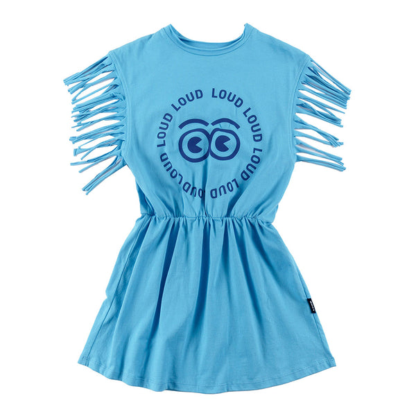 Loud Apparel Mare Dress T-Shirt Fringed Cyan Blue/Blue Print