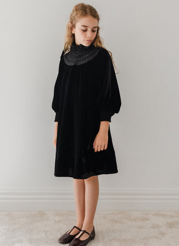 PETITE AMALIE BLACK VELVET SHIRRED ORGANZA DRESS