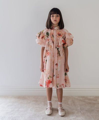 Petite Amalie Peach Peony Print Linen Collar Dress