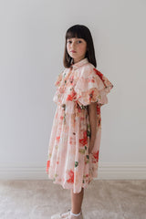 Petite Amalie Peach Peony Print Linen Collar Dress