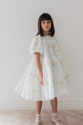 Petite Amalie White/Seafoam Applique Dress