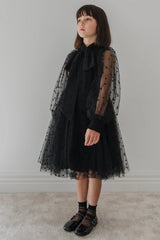 Petite Amalie Black Rose Flocked Mesh Bow Dress