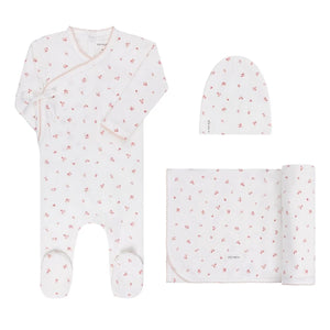 EYL'S AND CO IVORY/PINK ORGANIC COTTON CLUSTER FLOWER & LEAF TAKE ME HOME SET