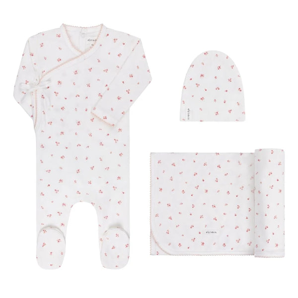 EYL'S AND CO IVORY/PINK ORGANIC COTTON CLUSTER FLOWER & LEAF TAKE ME HOME SET