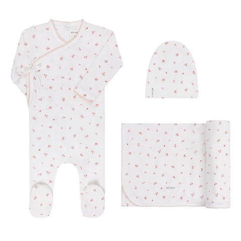 EYL'S AND CO IVORY/PINK ORGANIC COTTON CLUSTER FLOWER & LEAF TAKE ME HOME SET