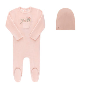 ELY'S & CO PINK POCKET FULL OF FLOWERS VELOUR FOOTIE SET