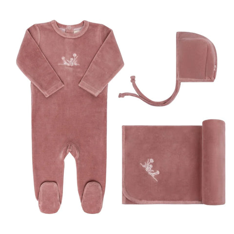 ELY'S & CO PINK VELOUR EMBROIDERED FLOWERS TAKE ME HOME SET