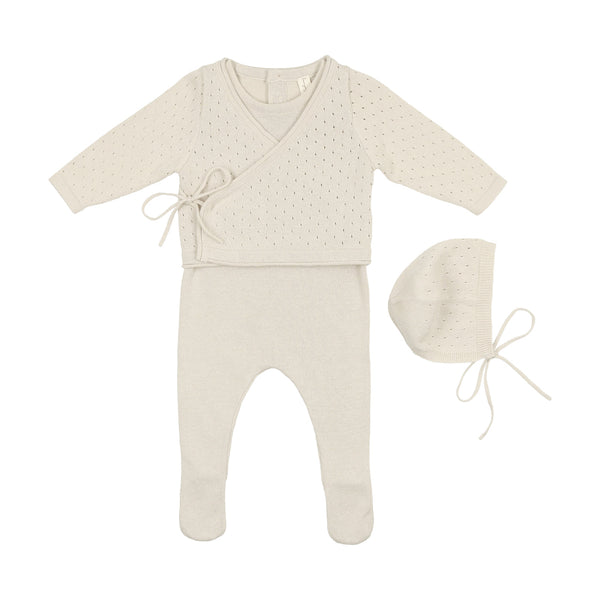 BONJOY BABY IVORY KNIT OVERLAY STRETCHIE AND BONNET