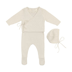 BONJOY BABY IVORY KNIT OVERLAY STRETCHIE AND BONNET