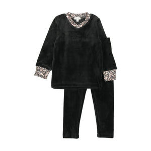 BONJOY BLACK VELOUR FLORAL TRIM PAJAMAS