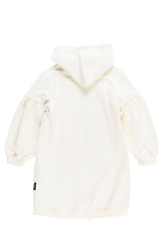 LOUD CREAM/BLACK LOGO PUFF SLEEVE HOODED DRESS