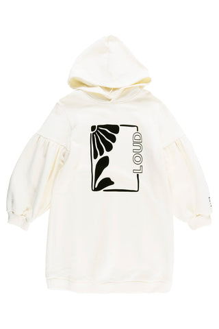 LOUD CREAM/BLACK LOGO PUFF SLEEVE HOODED DRESS