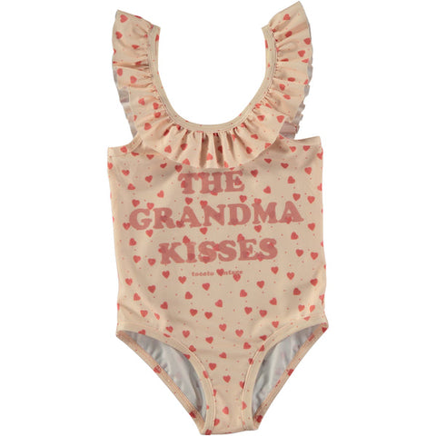 TOCOTO VINTAGE PINK HEART PRINT RUFFLE SWIMSUIT