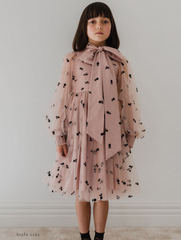 Petite Amalie Black/Mauve Rose Flocked Mesh Bow Dress