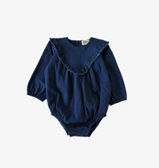 MY LITTLE COZMO BLUE DENIM RUFFLE TRIM ROMPER