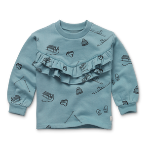 SPROET AND SPROUT ICE BLUE SKI PRINT RUFFLE SWEATSHIRT