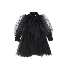 Petite Amalie Black Rose Flocked Mesh Bow Dress