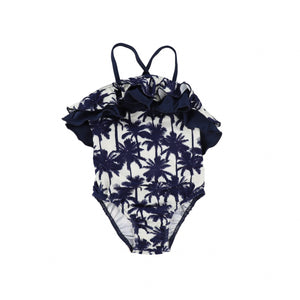 SUNCRACY WHITE AND NAVY PALM TREE PRINT BATHING SUIT
